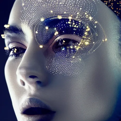 Prompt: portrait of a beautiful futuristic woman layered with high-tech jewelry wrapping around her face and head, silver-gold light