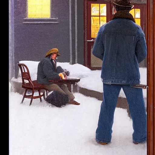 Image similar to a man in a shearling denim jacket smokes a lit cigarette outside a lonely colorado bar at 1 am, high quality high detail art by angus mcbride & n. c. wyeth, hd, realistic, photorealistic lighting, composition inspired by gregory crewdson.