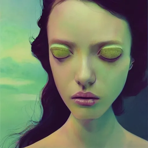 Prompt: 3 d, sci - fi, morning, sleepy fashion model face, sun, cinematic, clouds, sun rays, vogue cover style, poster art, light green and deep blue mood, realistic painting, intricate oil painting, high detail, figurative art, multiple exposure, poster art, 3 d, by tooth wu and wlop and beeple and greg rutkowski