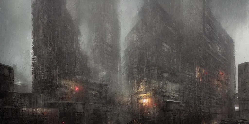 Image similar to brutalist architecture, rainy day, ominous evening, matte painting by greg rutkowski and craig mullins