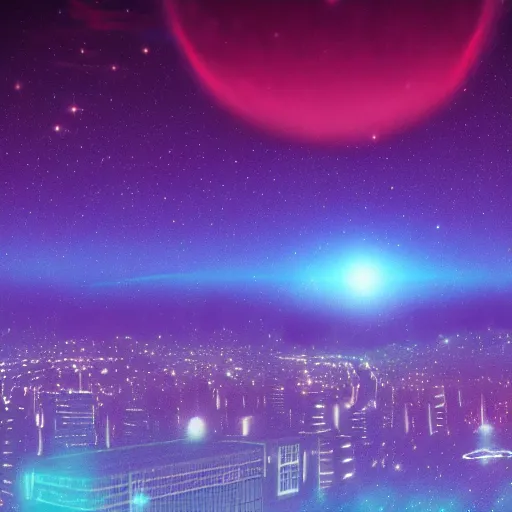 Image similar to comet over city, night sky, synthwave, trending on artstation