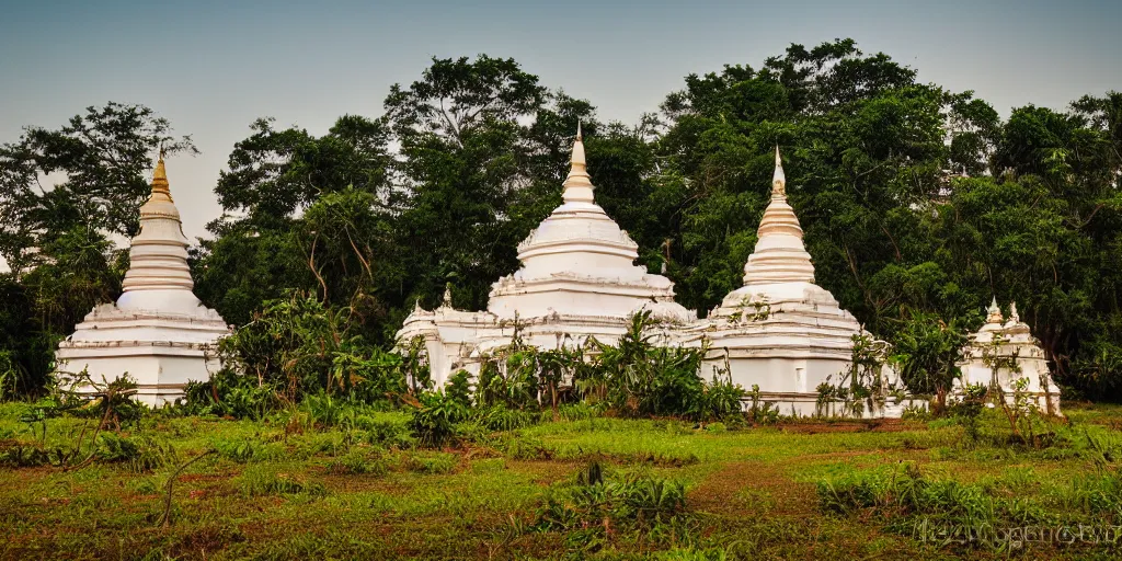 Image similar to abandoned sri lankan temple with white stupa, overgrown greenery, photography, evening sunset