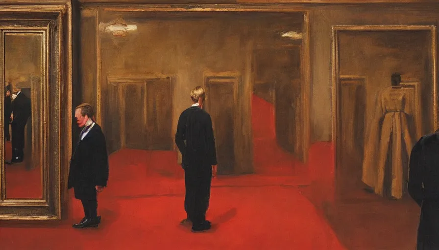 Prompt: painting by borremans, man back standing in front on the mirror in opera theatre scene with red carpet, detailed, stunning