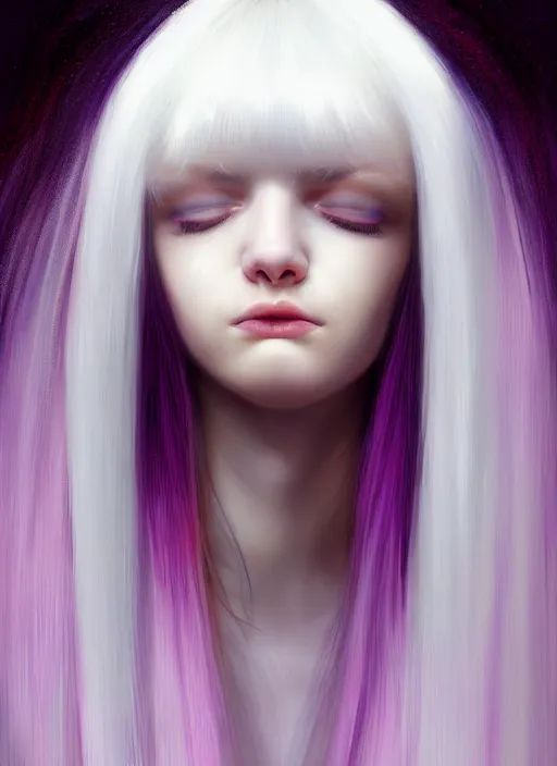 Image similar to hair whitebangs hair, black hair, whitebangs, portrait of teenage girl with white bangs, red irises, purple clothes, white bangs, bangs are different color from hair, intricate, elegant, glowing lights, highly detailed, digital painting, artstation, concept art, smooth, sharp focus, illustration, art by wlop, mars ravelo and greg rutkowski