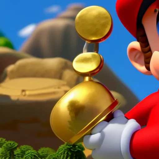 Prompt: A Still of Super Mario in an animated Disney Pixar movie holding a gold coin in the mushroom kingdom, promotional render, 35mm f2.8, 4k, artstation, PBR materials, Pixar renderman render