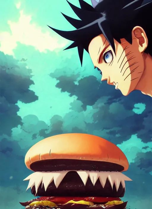 Image similar to highly detailed hamburger consuming naruto uzumaki with black hair, art by greg rutkowski, loish, rhads, ferdinand knab, makoto shinkai and lois van baarle, ilya kuvshinov, rossdraws, tom bagshaw, global illumination, radiant light, detailed and intricate environment