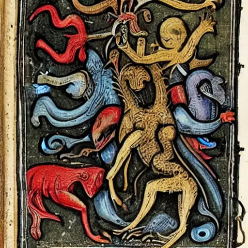 Prompt: medieval bestiary filled with uncanny grotesque beasts and freaky creatures