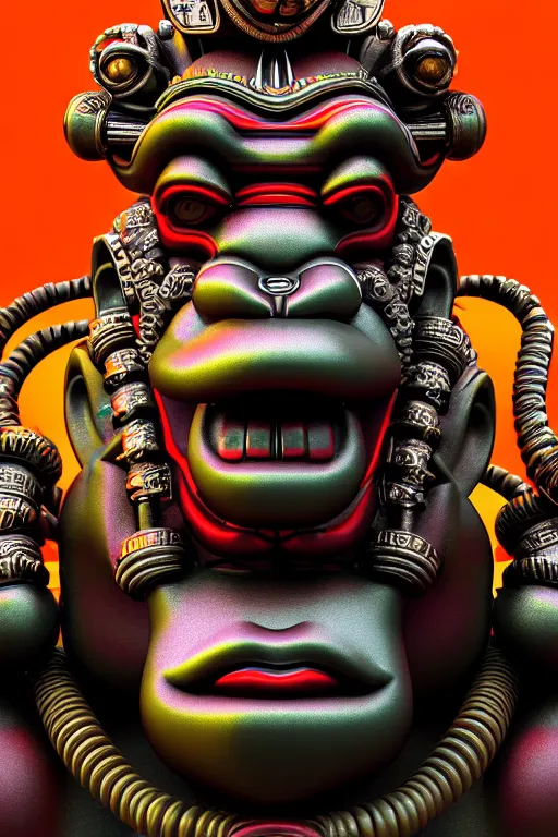 Image similar to high quality 3 d render post - rococo cyberpunk hanuman! head building, neon madhubani, open mouth, highly detailed, in sci - fi mumbai, cinematic smooth unreal engine, lee madgwick & liam wong, dramatic light, low angle, uhd 8 k, sharp focus