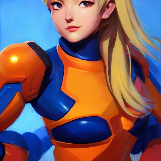 Image similar to greg manchess portrait painting of zero suit samus as overwatch character, medium shot, asymmetrical, profile picture, organic painting, sunny day, matte painting, bold shapes, hard edges, street art, trending on artstation, by huang guangjian and gil elvgren and sachin teng