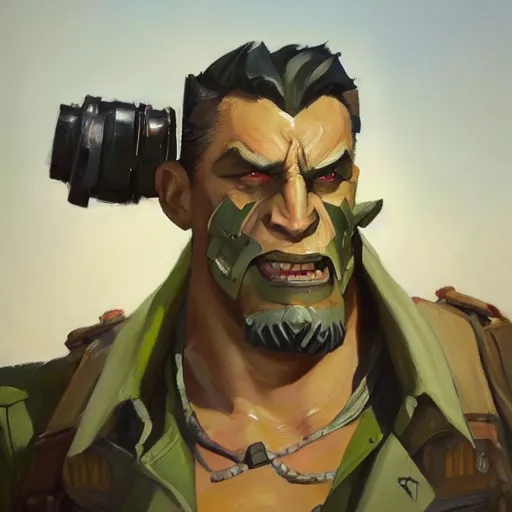 Image similar to greg manchess close - up portrait painting of a handsome older male dieselpunk orc with olive green skin as an overwatch character, medium shot, asymmetrical, profile picture, organic painting, sunny day, matte painting, bold shapes, hard edges, street art, trending on artstation, by huang guangjian and gil elvgren and sachin teng