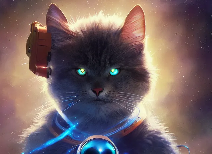 Image similar to a space cat staring role in a musical sci - fi space opera ghibli animated film, volumetric lighting, octane render by stanley artgerm lau, greg rutkowski, thomas kindkade, alphonse mucha, loish, norman rockwel,