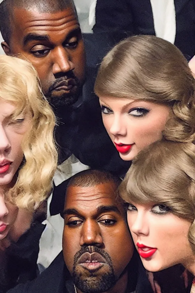 Prompt: Kanye West selfie with Taylor Swift, trending on twitter, trending on Instagram, viral photo