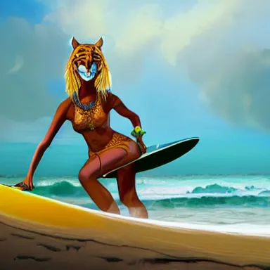 Image similar to a fantasy painting on oil of a beautiful female tiger striped tabaxi surfer druid carrying a wooden surfboard on a sandy beach in the Maldives, artstation, andrei riabovitchev, nuri iyem, james gurney, james jean, greg rutkowski, highly detailed, Rossdraws, Bluesssatan, Mandy Jurgens, Stjepan Sejic