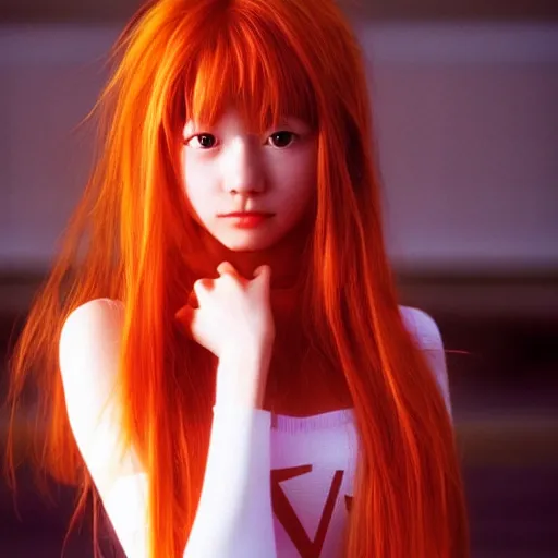 Prompt: Asuka Langley from Neon Genesis Evangelion, live action, beautiful portrait, golden hour