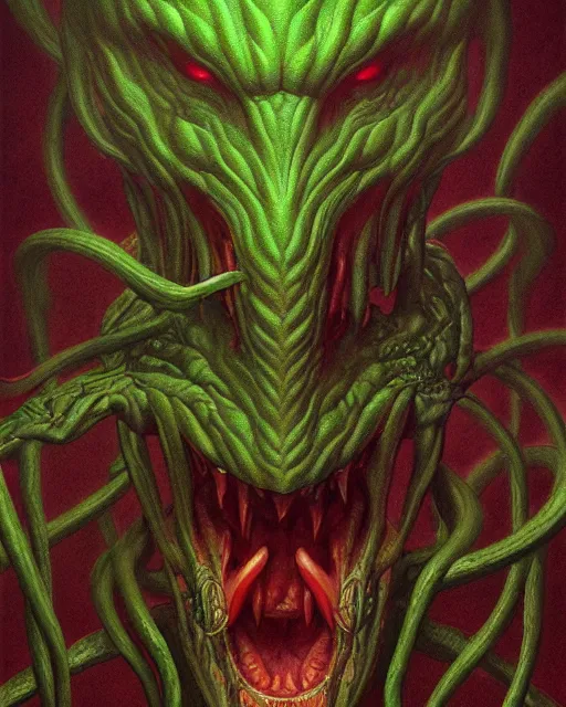 Prompt: the hydra from path of exile, portrait, murky green grey background, digital painting, highly detailed, intricate, trending on artstation, by zdzisław beksiński