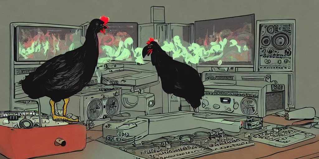 Image similar to 'black chicken'!!! smoking 'cannabis'!!!!!! in front of 'audio console'!!!! and 'multi monitors'!!!! 'in a hi-tech tv broadcasting studio'!!!!, artwork by James Gilleard