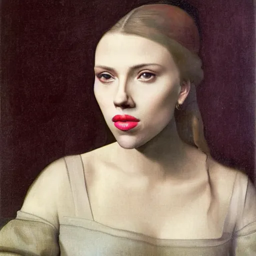 Prompt: A portrait of Scarlett Johansson painted by Johannes Vermeer