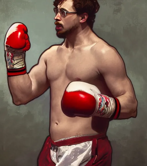 Prompt: Gigachad Sam Hyde wearing a high-end suit, boxing stance, wearing candy cane theme boxing gloves, sigma male, accurately portrayed, portrait art by alphonse mucha and greg rutkowski, highly detailed, digital painting, concept art, illustration, dim lighting with twilight rays of sunlight, trending on artstation, very detailed, smooth, sharp focus, octane render, close up