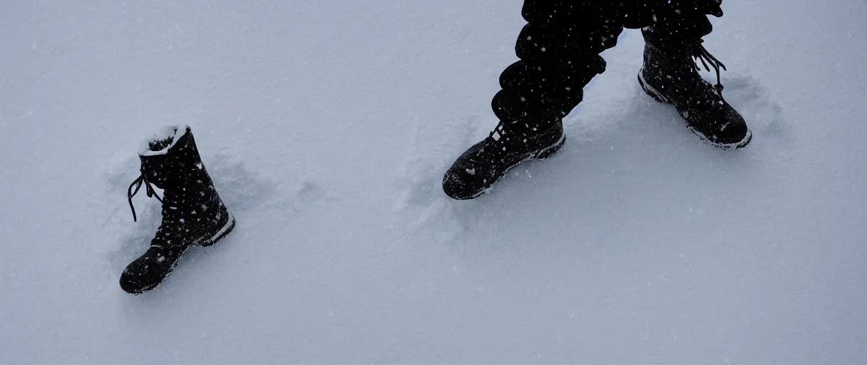 Prompt: top view extreme closeup movie like 3 5 mm film photograph of the silhouette of a man's boots walking through the antarctic snow during a heavy blizzard