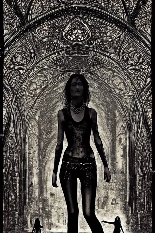 Image similar to dreamy gothic girl, black leather slim clothes, chains, hall of cracked mirrors, beautiful body, detailed acrylic, grunge, intricate complexity, by dan mumford and by alberto giacometti, peter lindbergh