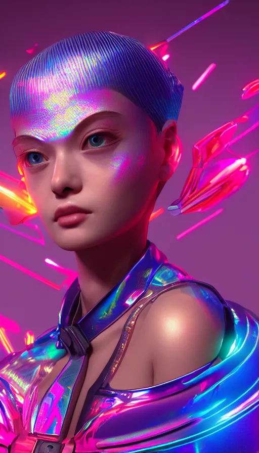 Prompt: a provenance genshin impact, holographic undertones, highly saturated colors, cute - fine - face, backlit, refracted lighting, elegant, half body shot, 8 k, insanely detailed, intricate, raytracing, octane, trending on artstation