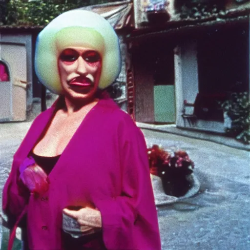 Image similar to 1976 glamorous middle aged woman wearing a transluscent inflatable toy head in a small European village 1976 French film archival footage technicolor film expired film 16mm Fellini Doris Wishman new wave John Waters movie still