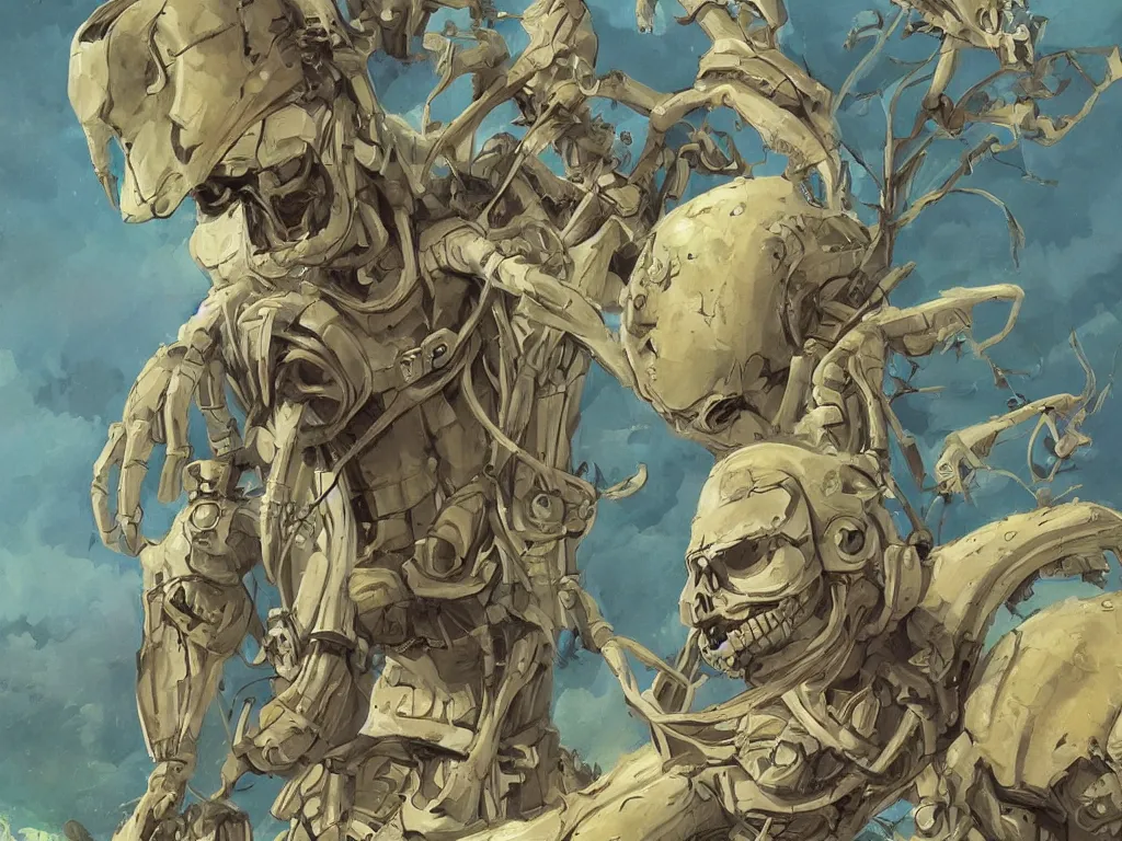 Prompt: a skeleton astronaut!!!!!!!!! with his helmet off by kren cushart and ralph mc quarrie on a colorful alien wheat world with lime!!!! trees