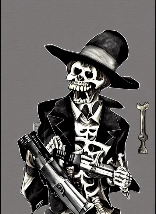 Prompt: shin megami tensei art of a demon that is a skeleton mafia gangster from 1 9 3 0 s holding a tommygun wearing a fedora, art by kazuma kaneko, demonic! compedium!, digital drawing, law - alligned, white background, high quality, highly detailed