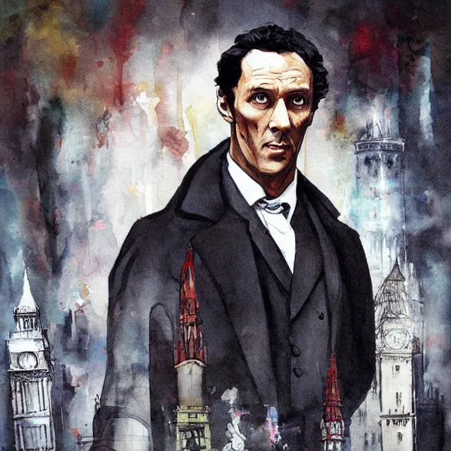 Image similar to an interesting painting of sherlock holmes, dynamic perspective, modern style