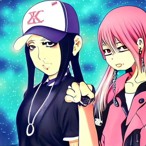 Image similar to anime art , hip-hop girl rapping with Eminem