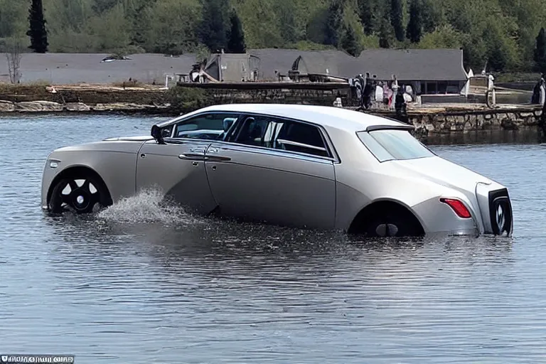 Image similar to Teenagers push Rolls-Royce into lake with their hands from a small slide wanting to drown him