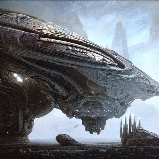 Image similar to scene from prometheus movie, hr giger artlilery spaceship lands in an alien landscape, filigree ornaments, volumetric lights, greg rutkowski, beksinski