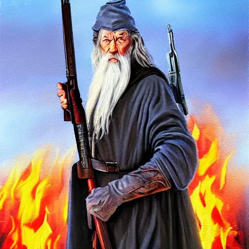 Image similar to gandalf with an ar-15, oil painting, war photo, anger, fire, dramatic, very detailed, 4k