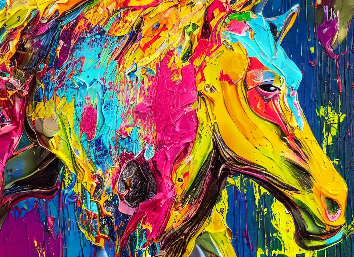 Prompt: abstract expressionist mid shot portrait of a horse made of very thick impasto paint and acrylic pour and coloured powder explosion and splashing paint and dripping paint and flying paint chunks, eyes closed or not visible, expressing strong emotions, art by antony micallef, motion blur, hyperrealistic, intricate art photography, anatomically correct, realistic crisp textures, 1 6 k