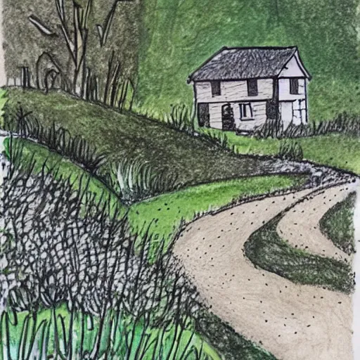 Image similar to blooming gravel path, house on a hill, ink sketch, detailed