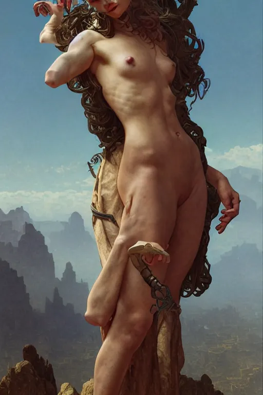 Image similar to Portrait of an anthropomorphic snake-woman, cinematic lighting, intricate, rugged, highly detailed, digital painting, normal hands, normal legs, artstation, smooth, sharp focus, illustration, art by artgerm and greg rutkowski and alphonse mucha and Wayne Barlowe and william-adolphe bouguereau