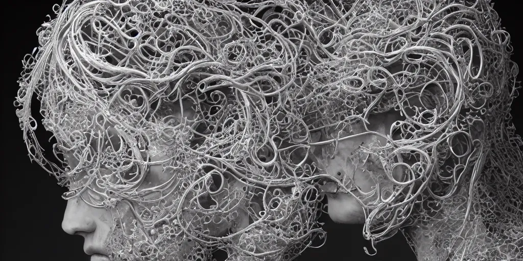 Image similar to hyperrealistic photography of a stunningly beautiful cyborg male, intimate, intricate tendril filigree, fibonacci, in the style of beth cavener, jin kagetsu, and wlop, highly detailed, chrome face symmetry, masterpiece, award winning, sharp focus, concept art, high key, ambient lighting, 8 k, octane render,