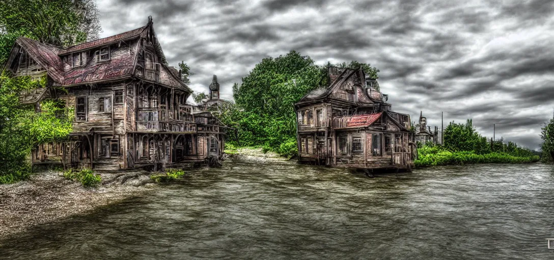 Image similar to house, river, steampunk, 8k, realistic, high definition, 10 bit colour, hdr