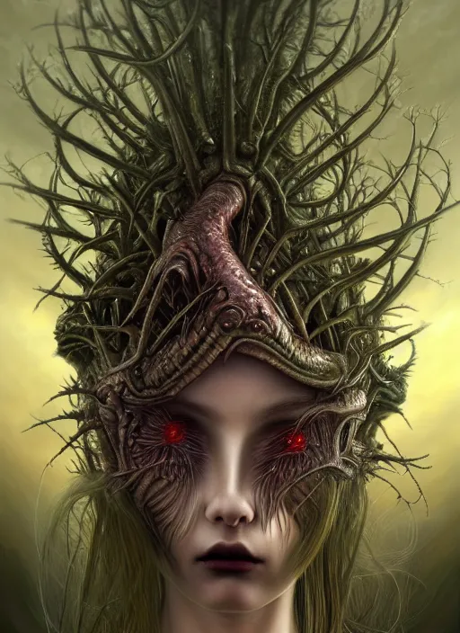 Image similar to realistic detailed image of a young beautiful female queen-vegetal-dragon-cyborg, blonde hair blowing in an angry and stormy battle scene, anime art, anime, inspired by H.R. Giger and Zdzislaw Beksinski and Mark Ryden, gothic, rich deep colors. A masterpiece, matte painting, digital art, trending on artstation.