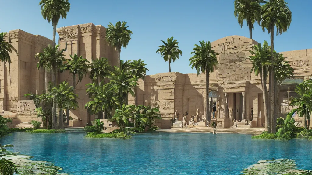 Image similar to a photograph of the front of a new egyptian palace, with a small pool in front, exterior view, close - up, mid - day, palm trees and lush vegetation, hieroglyphs on the buildings, ray - traced reflections of the buildings and trees in the water