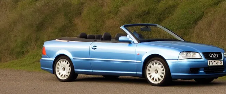 Image similar to Denim Blue Audi A4 B6 Avant Convertible (2002), soft top roof raised, red interior, created by Barclay Shaw