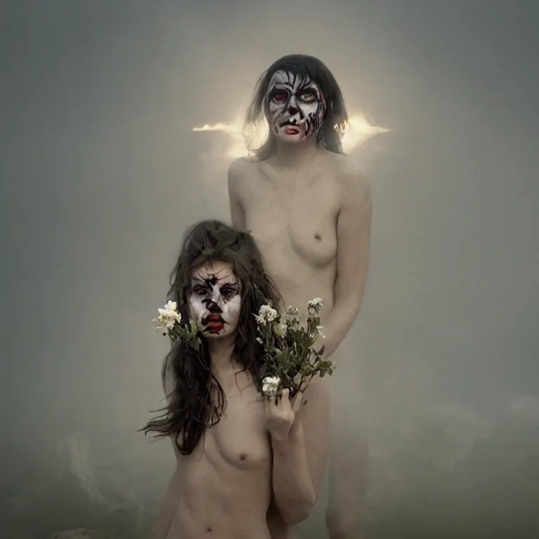 Prompt: The full body shot of beautiful pale woman with many flowers and full-face black mask with glowing halo inside a thick black smoke in rocky desert landscape, glowing eyes, falling star on the background, burning earth by Christopher Doyle, Gaspar Noe, Alejandro Jodorowsky, anamorphic lens, cinematic composition, award winning photo, 8k