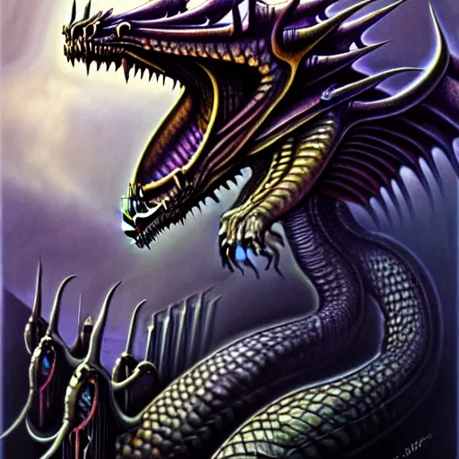 Image similar to Giger portrait of queen dragon, Dragon in dragon lair, HD, full body dragon concept, flying dragon, soft shading, soft colors, relaxed colors, hyperdetailed, wide angle lens, fantasy, futuristic horror, style of giger