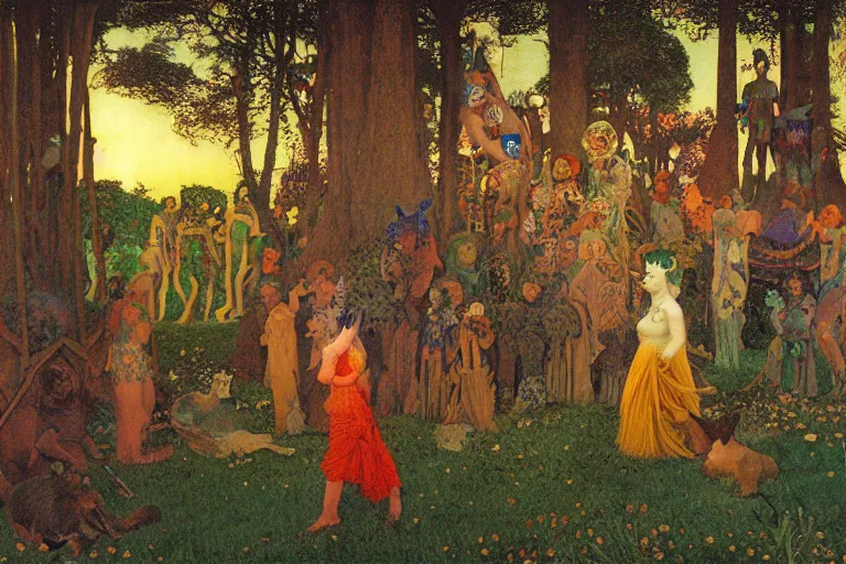 Image similar to autochrome of a midsummernight's dream renaissance forest festival at sunset with masks of wolves and sheep in the style of, jugendstil, alma tadema, vaughn bode and maxfield parrish, maurice sendak and arzach by moebius