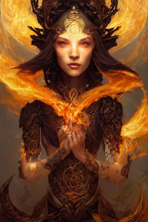 Prompt: beautiful girl sorcerer covered with fire and golden dragon skin, celtic rune tattoos, casting magic spell, angel, fantasy, magic the gathering, hyper detailed, 3 d render, hyper realistic detailed portrait, peter mohrbacher, wlop, ruan jia, luis royo