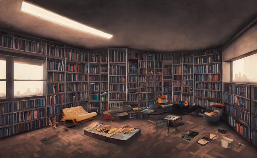 Prompt: Interior shot of a futuristic brutalist studio apartment with computers and library by Petros Afshar and Beeple, James Gilleard, Mark Ryden, Wolfgang Lettl highly detailed