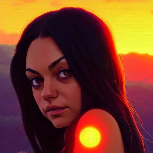 Prompt: Mila Kunis, sunset, intricate, highly detailed, digital painting, artstation, official media, anime key visual, concept art, rich vivid colors, ambient lighting, sharp focus, illustration, art by Artgerm, Makoto Shinkai, Ilya Kuvshinov, Lois Van Baarle, and Rossdraws