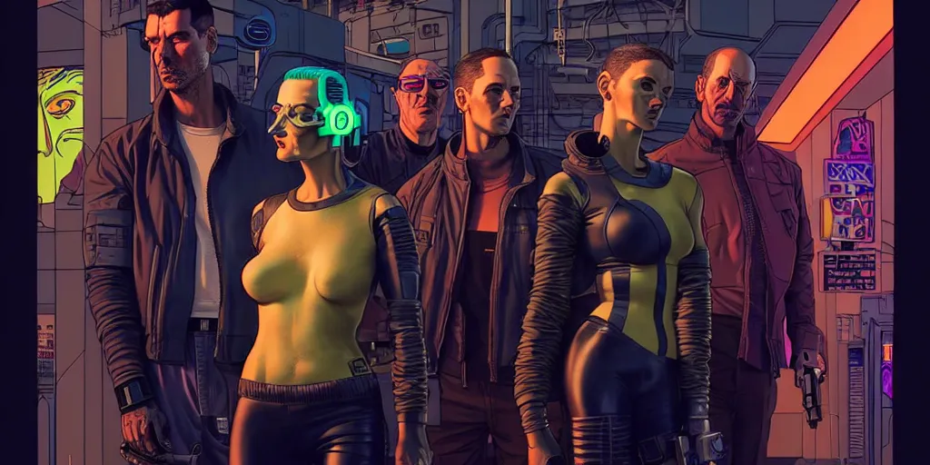 Image similar to cyberpunk heist crew. portrait by stonehouse and mœbius and will eisner and gil elvgren and pixar. character design. realistic proportions. dystopian. cyberpunk 2 0 7 7 character art, blade runner 2 0 4 9 concept art. cel shading. attractive face. thick lines. hi def 4 k. the team. detailed interesting characters. realistic expressive faces.