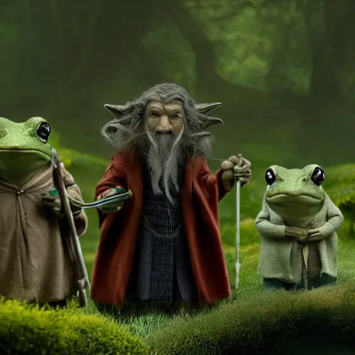 Prompt: gandalf and the hobbits as frogs, cinematic shot, 8 k, film still