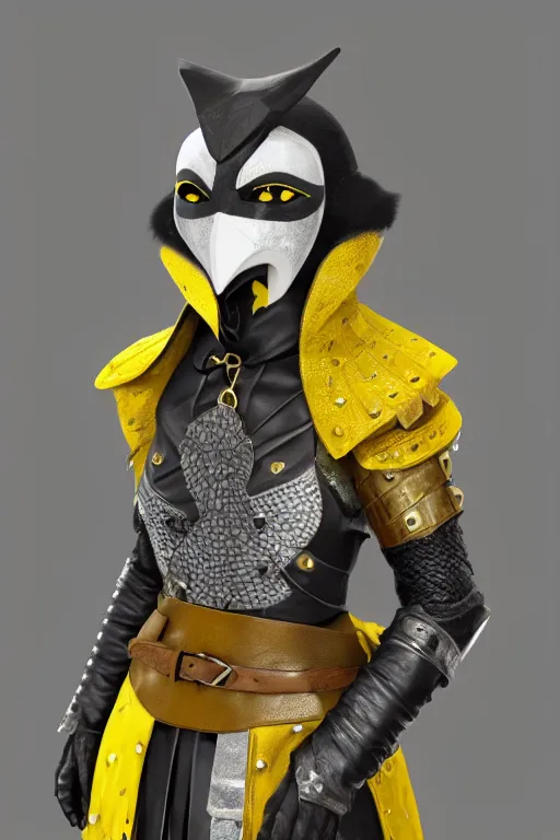 Image similar to female adventurer in tight full - body canary yellow gambeson leather armor of italian design with diamond pattern and black accents and a white porcelain crow mask, trending in artstation, establishing shot